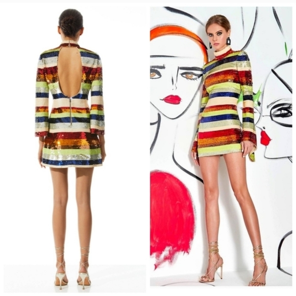 Alice + Olivia Mailynn Sequin Striped Multicolored Mini Dress SIZE 12 NWT $985 - Picture 3 of 16